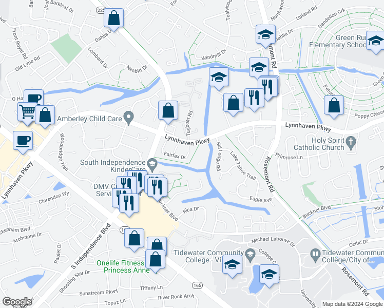 map of restaurants, bars, coffee shops, grocery stores, and more near 1520 Fairfax Drive in Virginia Beach