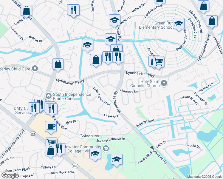 map of restaurants, bars, coffee shops, grocery stores, and more near 1500 Garland Way in Virginia Beach