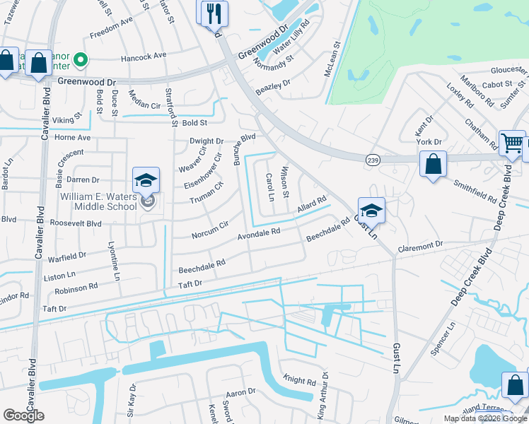 map of restaurants, bars, coffee shops, grocery stores, and more near 133 Allard Road in Portsmouth