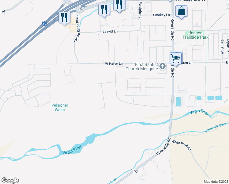 map of restaurants, bars, coffee shops, grocery stores, and more near 575 Hagens Alley in Mesquite