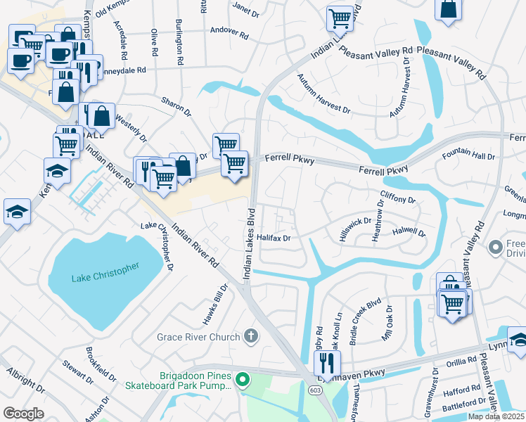 map of restaurants, bars, coffee shops, grocery stores, and more near 1401 Deerpond Lane in Virginia Beach