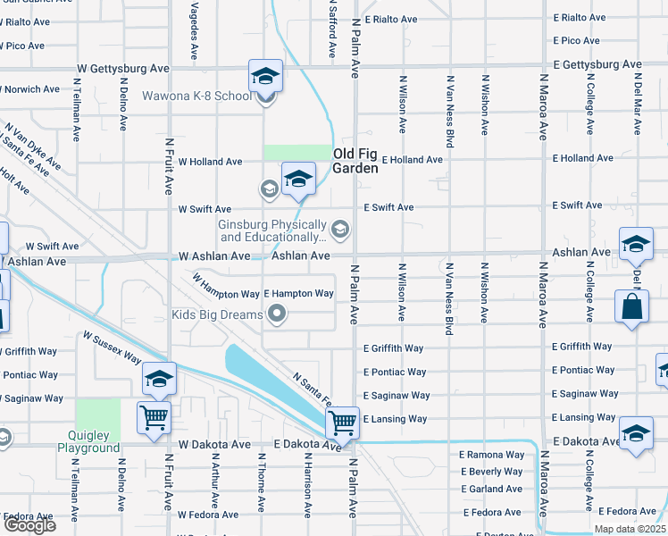 map of restaurants, bars, coffee shops, grocery stores, and more near 153 E Buckingham Way in Fresno