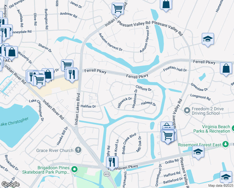 map of restaurants, bars, coffee shops, grocery stores, and more near 1513 Chessington Court in Virginia Beach