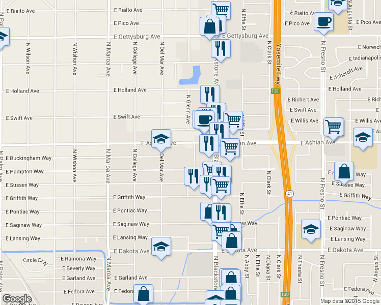 map of restaurants, bars, coffee shops, grocery stores, and more near 4165 North Glenn Avenue in Fresno