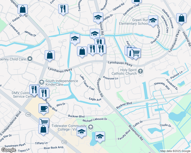 map of restaurants, bars, coffee shops, grocery stores, and more near 1500 Garland Way in Virginia Beach