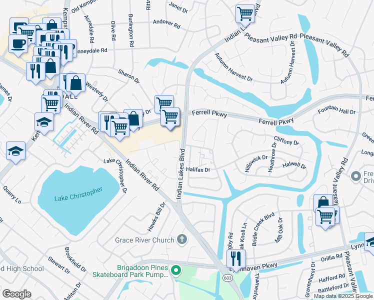 map of restaurants, bars, coffee shops, grocery stores, and more near 1571 Hiawatha Drive in Virginia Beach