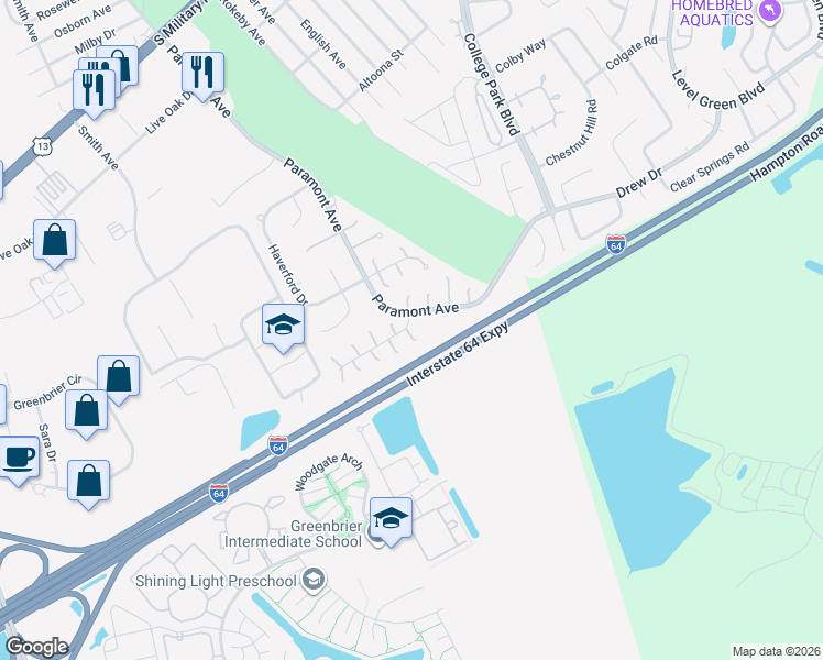 map of restaurants, bars, coffee shops, grocery stores, and more near 1 Warwick Circle in Chesapeake