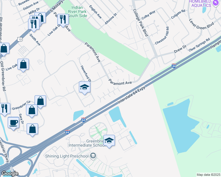 map of restaurants, bars, coffee shops, grocery stores, and more near 12 Upton Circle in Chesapeake