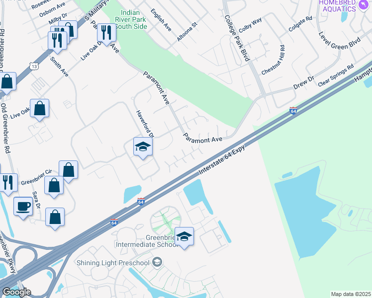 map of restaurants, bars, coffee shops, grocery stores, and more near 12 Upton Circle in Chesapeake
