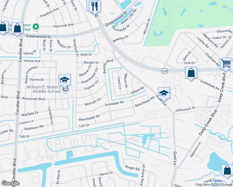 map of restaurants, bars, coffee shops, grocery stores, and more near 133 Allard Road in Portsmouth