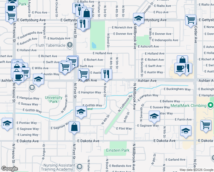 map of restaurants, bars, coffee shops, grocery stores, and more near 3438 East Ashlan Avenue in Fresno
