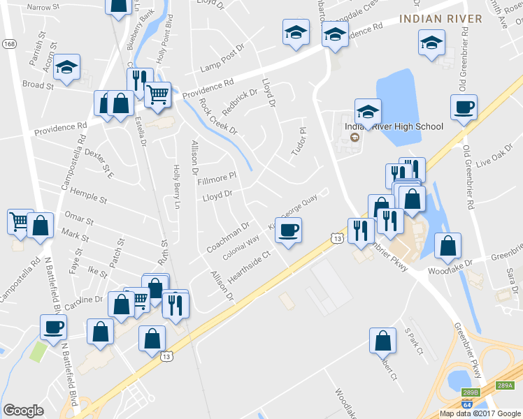 map of restaurants, bars, coffee shops, grocery stores, and more near 2108 Cherryhill Lane in Chesapeake