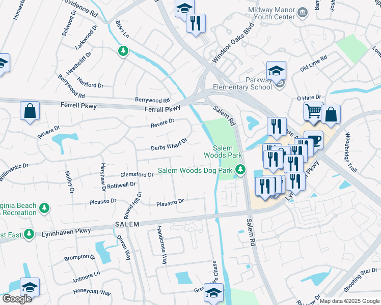 map of restaurants, bars, coffee shops, grocery stores, and more near 1405 Munson Court in Virginia Beach