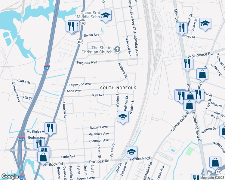 map of restaurants, bars, coffee shops, grocery stores, and more near 1310 Anne Avenue in Chesapeake