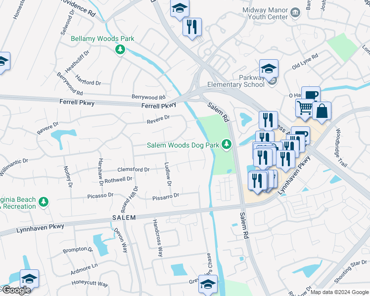map of restaurants, bars, coffee shops, grocery stores, and more near 1405 Munson Court in Virginia Beach