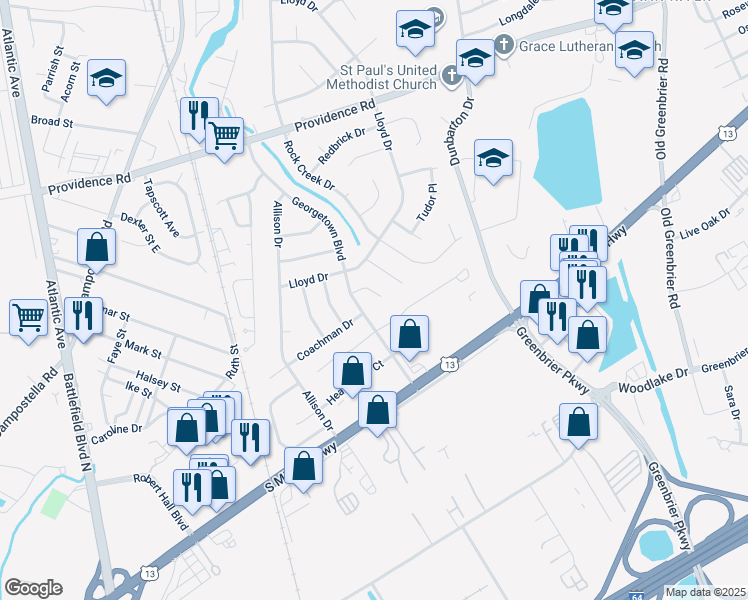 map of restaurants, bars, coffee shops, grocery stores, and more near 2108 Cherryhill Lane in Chesapeake
