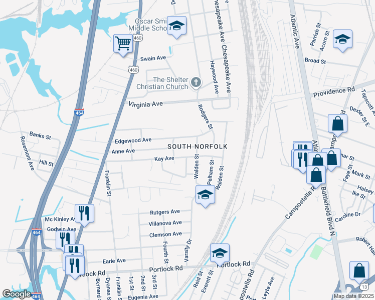 map of restaurants, bars, coffee shops, grocery stores, and more near 1310 Anne Avenue in Chesapeake