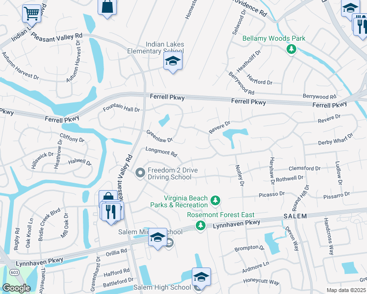 map of restaurants, bars, coffee shops, grocery stores, and more near 4627 Glanmire Drive in Virginia Beach