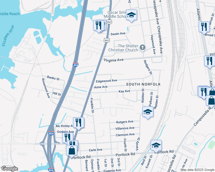 map of restaurants, bars, coffee shops, grocery stores, and more near 1203 Anne Avenue in Chesapeake