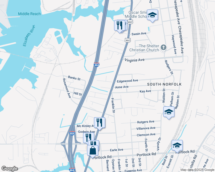 map of restaurants, bars, coffee shops, grocery stores, and more near 1005 Mayfield Ave in Chesapeake