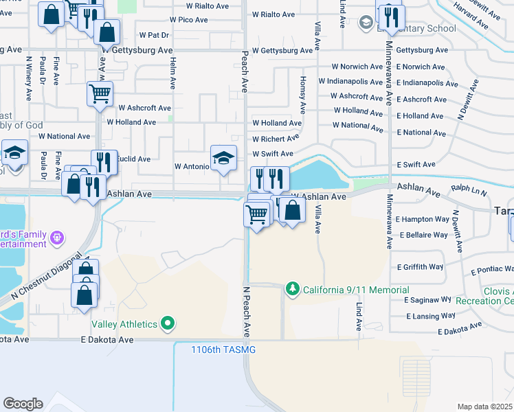 map of restaurants, bars, coffee shops, grocery stores, and more near in Clovis