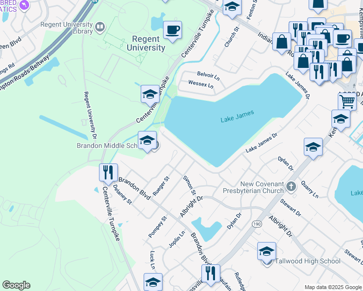 map of restaurants, bars, coffee shops, grocery stores, and more near 1561 Lake James Drive in Virginia Beach