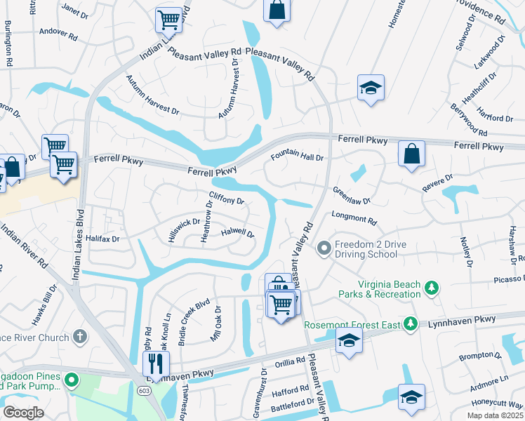 map of restaurants, bars, coffee shops, grocery stores, and more near 1405 Callandish Court in Virginia Beach