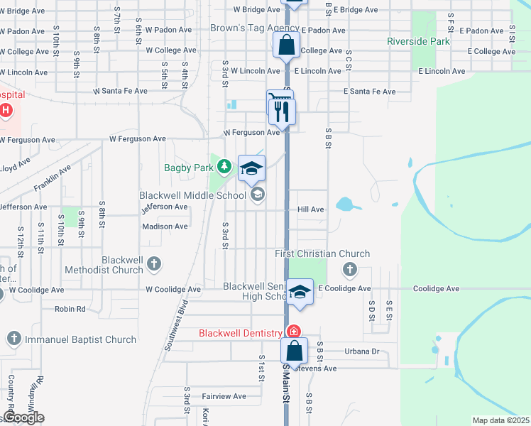 map of restaurants, bars, coffee shops, grocery stores, and more near 1041 South 1st Street in Blackwell