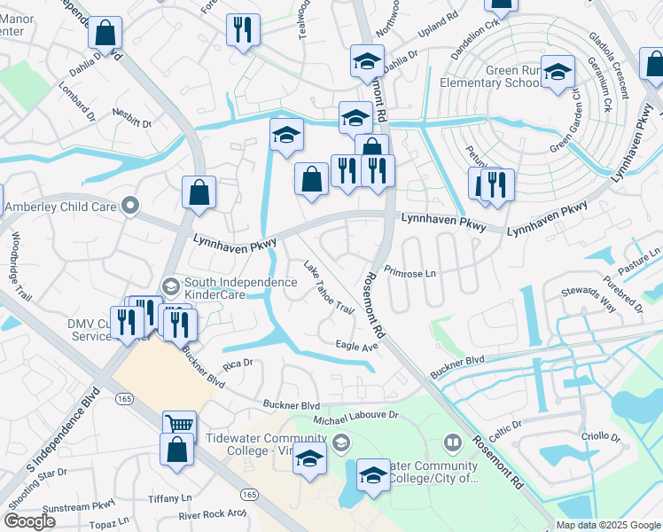 map of restaurants, bars, coffee shops, grocery stores, and more near 3621 Harbinger Road in Virginia Beach