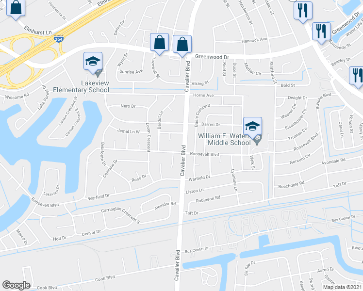 map of restaurants, bars, coffee shops, grocery stores, and more near 1512 Cavalier Boulevard in Portsmouth