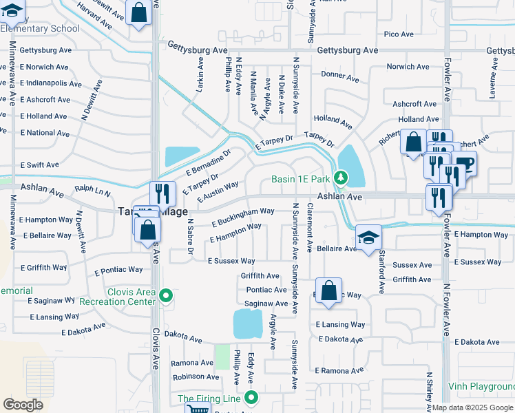 map of restaurants, bars, coffee shops, grocery stores, and more near 5737 E Buckingham Way in Fresno