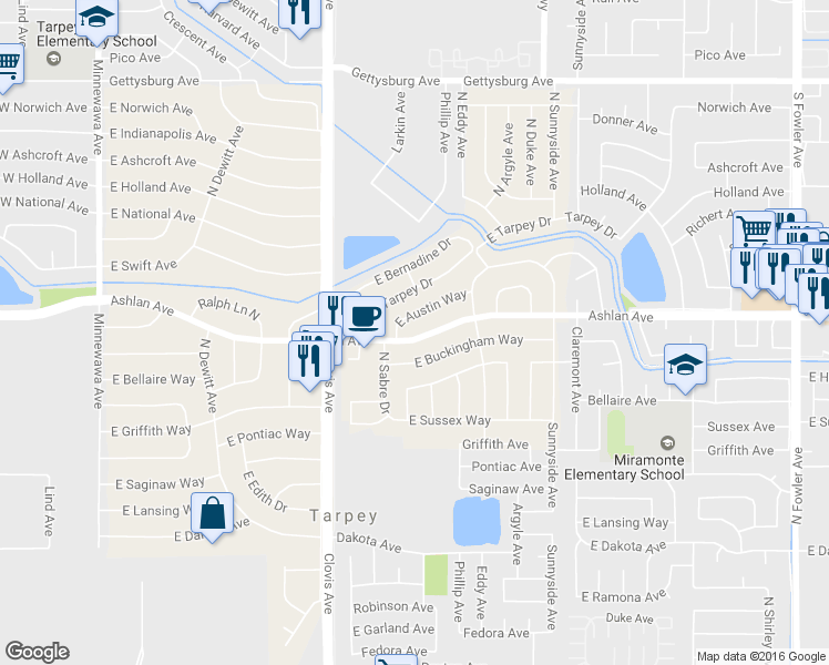 map of restaurants, bars, coffee shops, grocery stores, and more near 5667 East Ashlan Avenue in Fresno