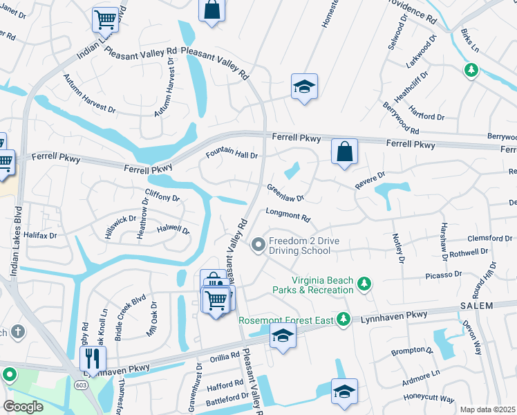 map of restaurants, bars, coffee shops, grocery stores, and more near 4748 Longmont Road in Virginia Beach