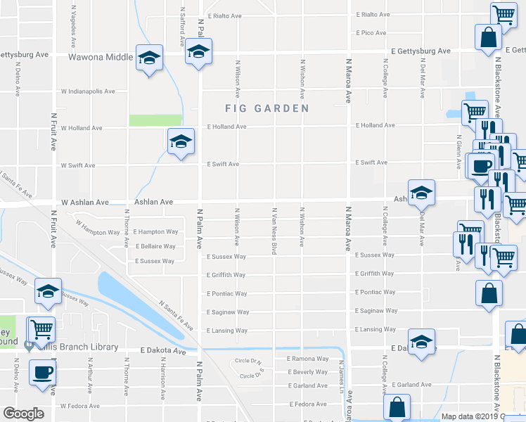 map of restaurants, bars, coffee shops, grocery stores, and more near 4175 North Van Ness Boulevard in Fresno
