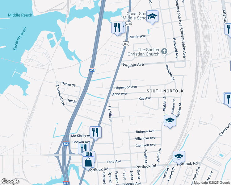 map of restaurants, bars, coffee shops, grocery stores, and more near 1105 Anne Avenue in Chesapeake