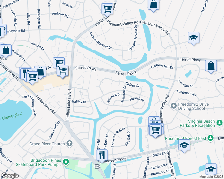 map of restaurants, bars, coffee shops, grocery stores, and more near 1529 Chilworth Court in Virginia Beach