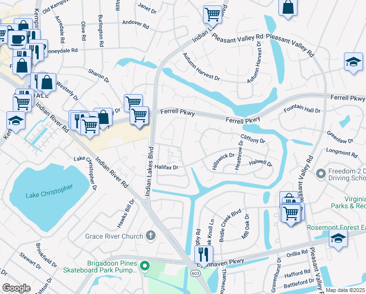 map of restaurants, bars, coffee shops, grocery stores, and more near 1408 Lake Geneve Drive in Virginia Beach