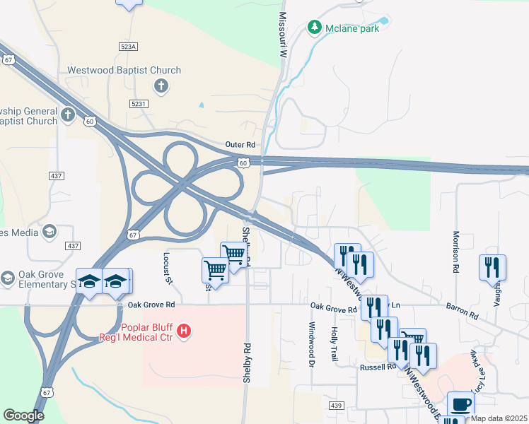 map of restaurants, bars, coffee shops, grocery stores, and more near 2910 Barron Road in Poplar Bluff