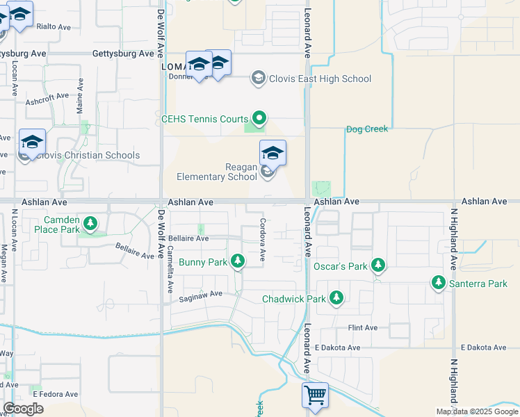 map of restaurants, bars, coffee shops, grocery stores, and more near 3681 Buckingham Avenue in Clovis