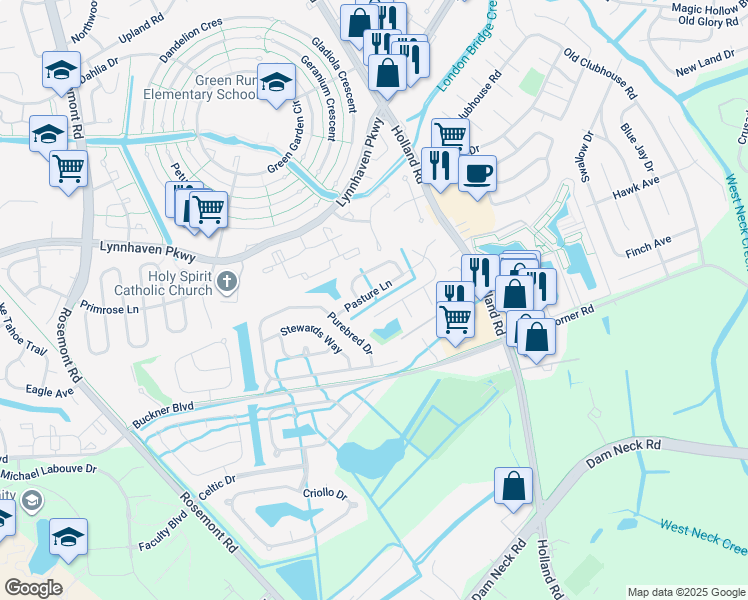 map of restaurants, bars, coffee shops, grocery stores, and more near 3485 Pasture Lane in Virginia Beach