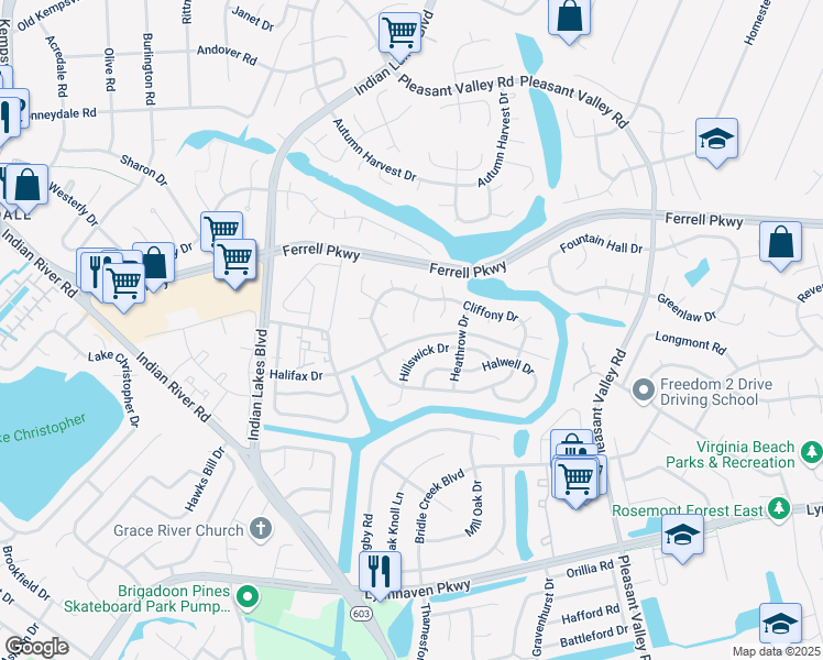 map of restaurants, bars, coffee shops, grocery stores, and more near 1529 Chilworth Court in Virginia Beach