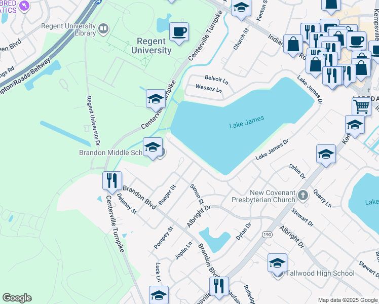 map of restaurants, bars, coffee shops, grocery stores, and more near 1561 Lake James Drive in Virginia Beach