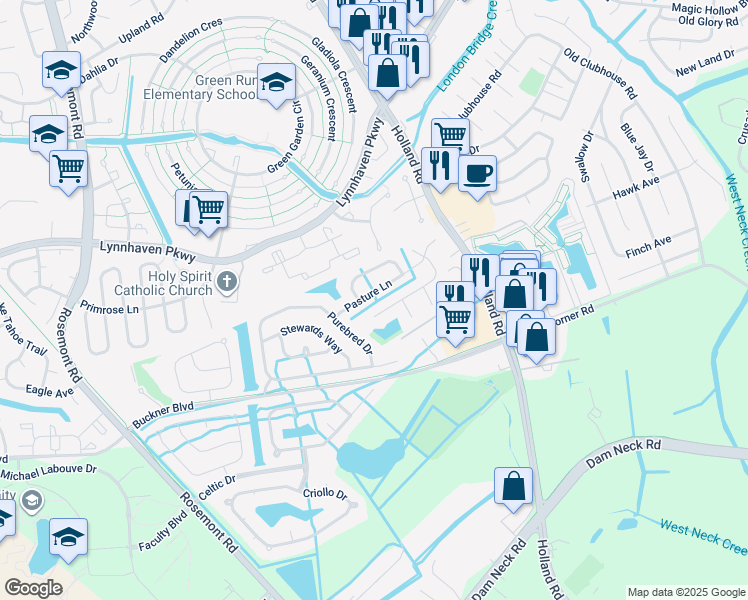 map of restaurants, bars, coffee shops, grocery stores, and more near 3485 Pasture Lane in Virginia Beach