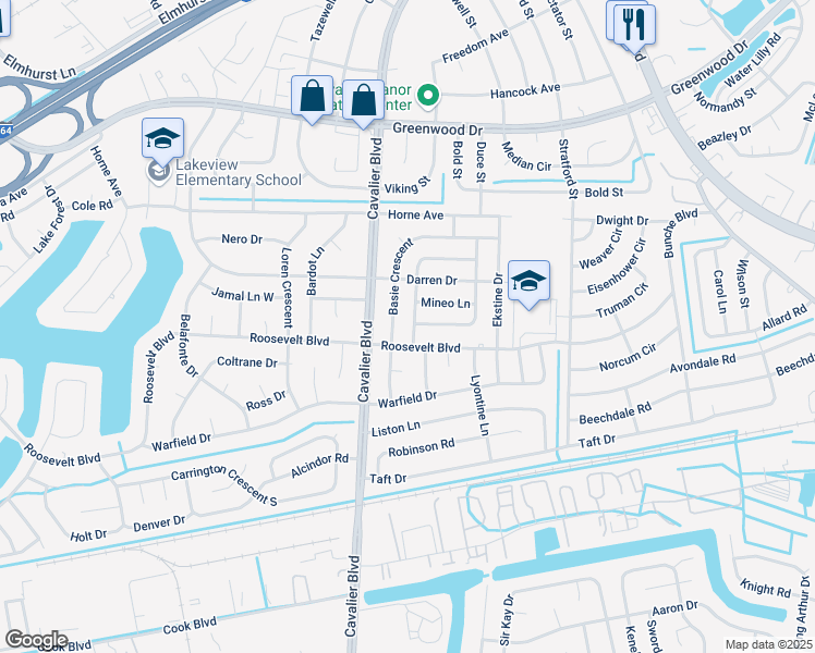 map of restaurants, bars, coffee shops, grocery stores, and more near 1512 Dandridge Drive in Portsmouth
