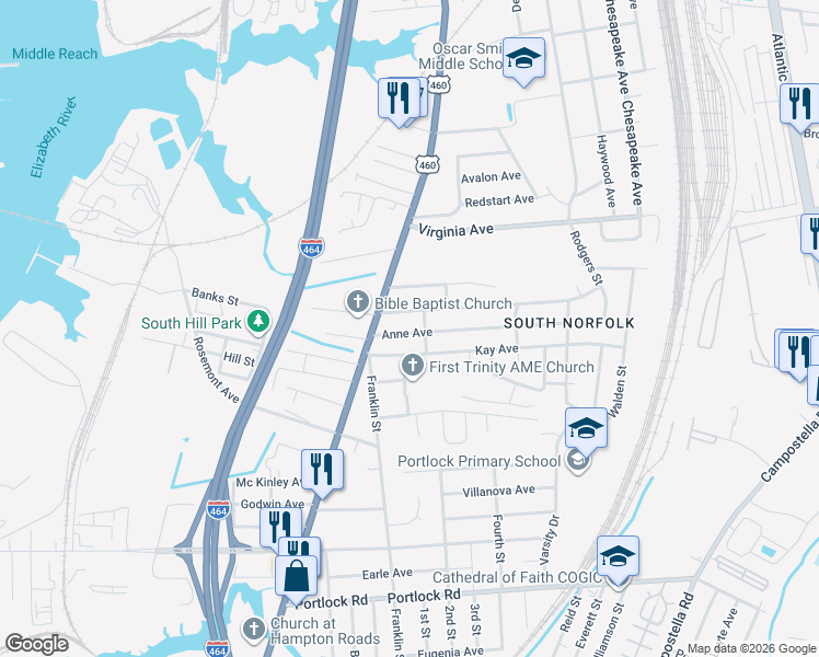 map of restaurants, bars, coffee shops, grocery stores, and more near 1105 Anne Avenue in Chesapeake