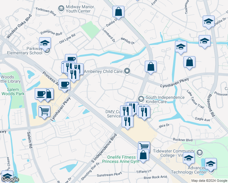 map of restaurants, bars, coffee shops, grocery stores, and more near 1501 Amberley Forest Road in Virginia Beach