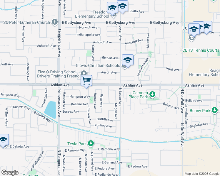 map of restaurants, bars, coffee shops, grocery stores, and more near 2931 Buckingham Avenue in Clovis