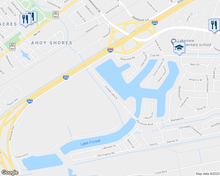 map of restaurants, bars, coffee shops, grocery stores, and more near 1560 Crystal Lake Drive in Portsmouth
