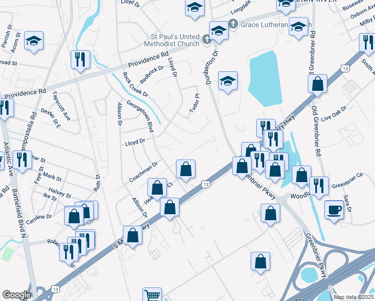 map of restaurants, bars, coffee shops, grocery stores, and more near 55 King George Quay in Chesapeake
