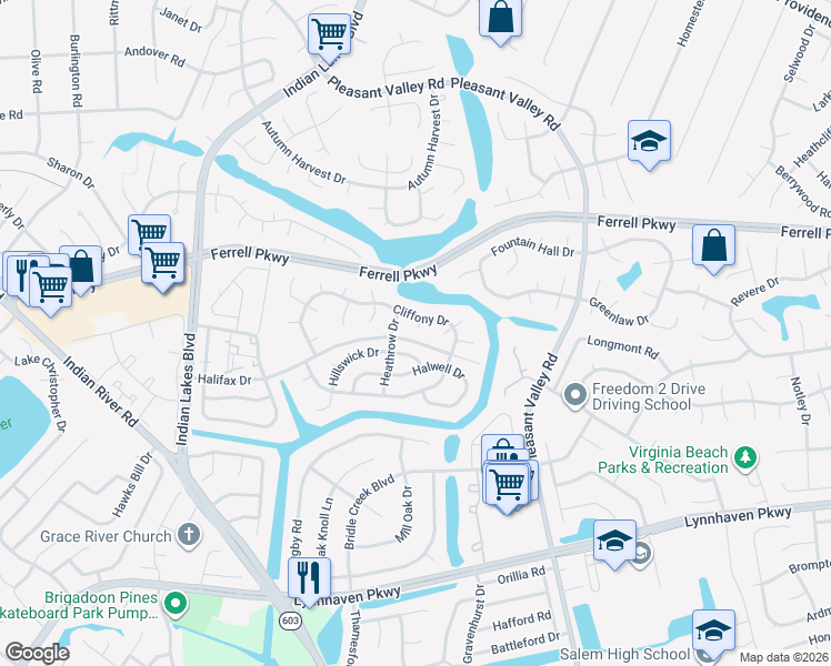 map of restaurants, bars, coffee shops, grocery stores, and more near 1513 Crawley Circle in Virginia Beach